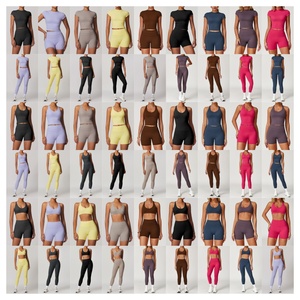 Sujetador sin mangas a prueba de golpes para mujer, pantalones de realce de cadera, conjunto deportivo, pantalones cortos <span class=keywords><strong>el</strong></span>ásticos de cintura alta, cuello redondo, manga corta, Top, trajes para correr - Product Image 2