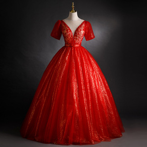 Claret Vocal Performance Dress Women Stage Costume Formal Evening Gown Adult Polyester Fabric Tutu Skirt Solo Performance Wear - Product Image 1