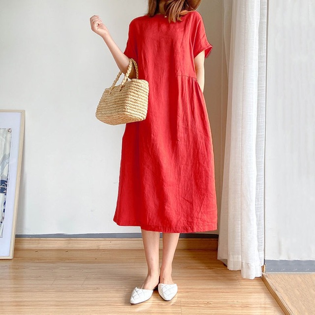 New Summer Simple Literary Style Loose Slimming Midi Dress Plus Size Women Casual Long Dress
