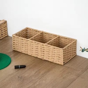 1 panier de rangement tissé à trois compartiments, bac de rangement en <span class=keywords><strong>papier</strong></span> fait à la main et en saule, support de boîte à mouchoirs pour réservoir de toilette - Product Image 3