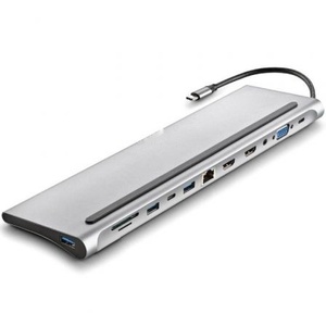 Base de conexión USB tipo-C con 3xUSB, 2xHDMI, 1xVGA, 1xRJ45, lector de tarjetas, jack 3.5, USB tipo-C PD, ideal para conectar múltiples dispositivos - Product Image 1