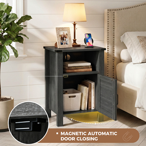 Farmhouse Nightstand with Rattan Decor Door Magnetic Soft Close <b>Side</b> End <b>Table</b> with Open <b>Storage</b> Compartment for Bedroom Living - Product Image 3