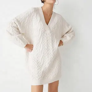 Robe cardigans à manches longues avec col côtelé pour femmes Pull en tricot torsadé Mini robe