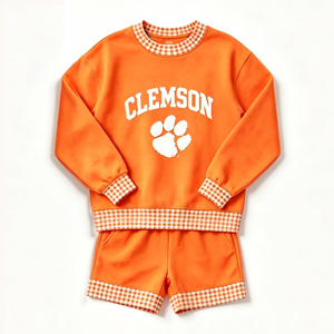 Ensemble assorti pour équipe sportive scolaire pour petites filles, haut à manches longues avec bordure à carreaux, sweat-shirt et short pour le jeu - Product Image 5
