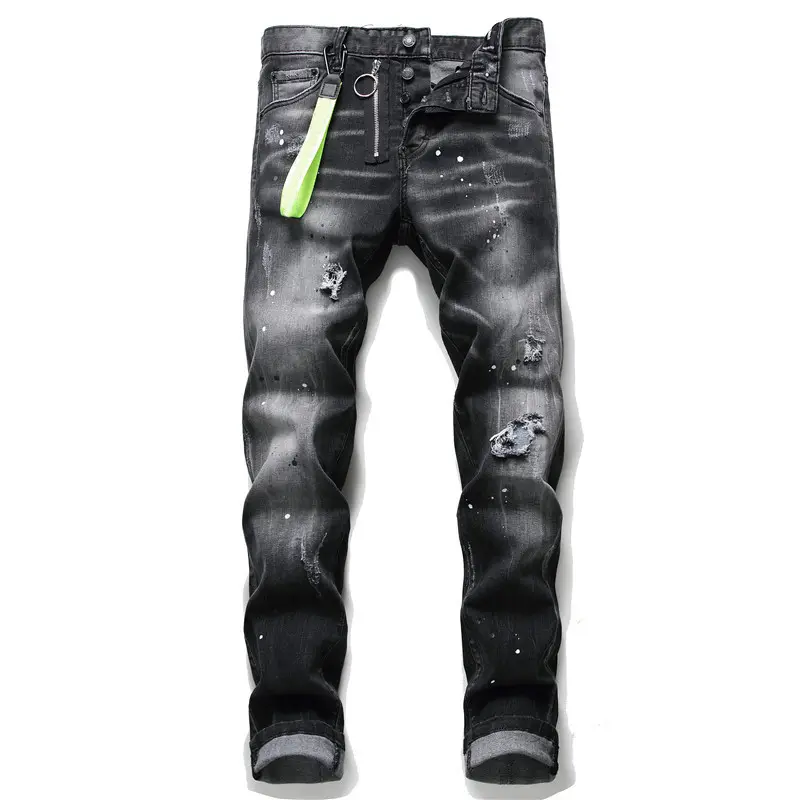 New Cheap Skinny Hip Hop Stylish Men Black Denim Trousers Men Jean Pants Scratched And Ripped Patch Pants Jeans With Bottom Zip