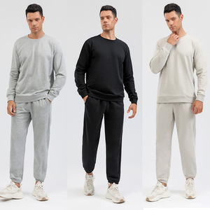 Men's Sweatshirt Set Solid Color French Terry Crew Neck Jogger Pants Spring Autumn Loose Fit European Style - Product Image 2