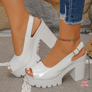 Sandali con tacco alto e plateau, tinta unita, taglie grandi, punta aperta, tacco spesso, da donna, con fibbia, punta bassa - Product Image 5