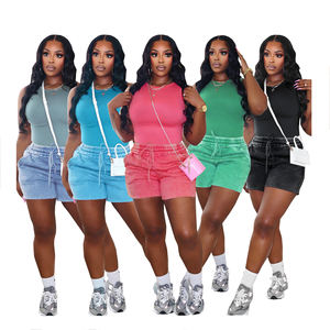 Y2K 도매 여성 라운지웨어 여름 스트리트웨어 여성 캐주얼 워시 섹시 솔리드 컬러 2 종 짧은 코드 세트 - Product Image 1
