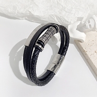 Bracelet punk double couche en cuir noir tressé avec fermoir, bracelet en acier inoxydable plaqué argent à motif goutte d'huile, tube ovale