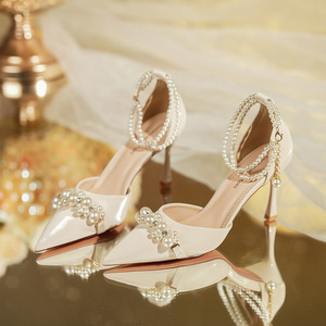 Escarpins à bout pointu avec bride de cheville perlée, talon aiguille, chaussures de mariée pour mariage, élégantes chaussures à talons hauts pour femmes, taille 35 à 40 - Product Image 3