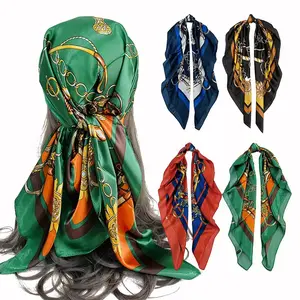 Luxury Brand Women's Silk Scarf Shawl Striped Floral Printed Satin Square 90*90cm Customisable Head Hijab Scarf