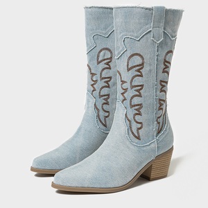 Brand New Retro Denim Blue Cowboy Women Shoes Chunky High Heels 42 <b>on</b> Calf Cowgirls <b>Boots</b> - Product Image 6