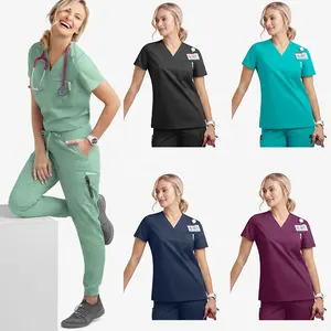 로고가있는 맞춤형 스크럽 패션 Para Mujeres 2 피스 병원 의료 간호 여성과 남성 스크럽 유니폼 조깅 세트