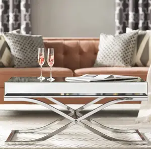 Table basse de salon moderne en couleur argent, meuble avec pieds croisés extensibles, miroir Glam, Table basse