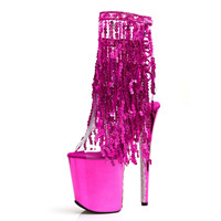 Bottines à talons hauts à paillettes et franges, plateforme transparente de 20 cm (8 pouces), talon fin, chaussures de performance pour pole dance pour femmes
