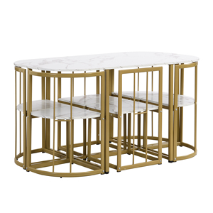 <span class=keywords><strong>TOPMAX</strong></span> Ensemble de table à manger moderne 7 pièces en fer, étanche, portable, plateau en pierre frittée, 55 pouces, pour petit appartement, 6 places, doré + blanc - Product Image 6