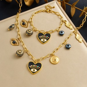 Heart-Shaped Eye Pendant Jewelry <b>Set</b> Gold Black Zinc Alloy Women's Party Fashion Necklace <b>Bracelet</b> Two-Piece <b>Set</b> - Product Image 1