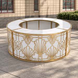 Comptoir de bar rond pliable sur mesure en acier inoxydable doré et blanc, orné de motifs en spirale, avec plateau en verre trempé amovible - Product Image 2