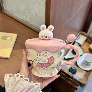 Cartoon Rabbit <b>Mug</b> with Lid Spoon Handle High Temperature Resistant Cute Ceramic <b>Large</b> Capacity Couple's Water Cup for Children - Product Image 6