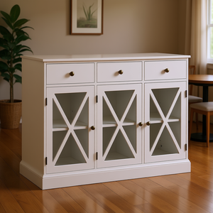 Credenza in Stile Fattoria Bianca con 3 Cassetti, Maniglie in Bronzo e Anta in Vetro, Mobile Bar per Caffè - Product Image 2