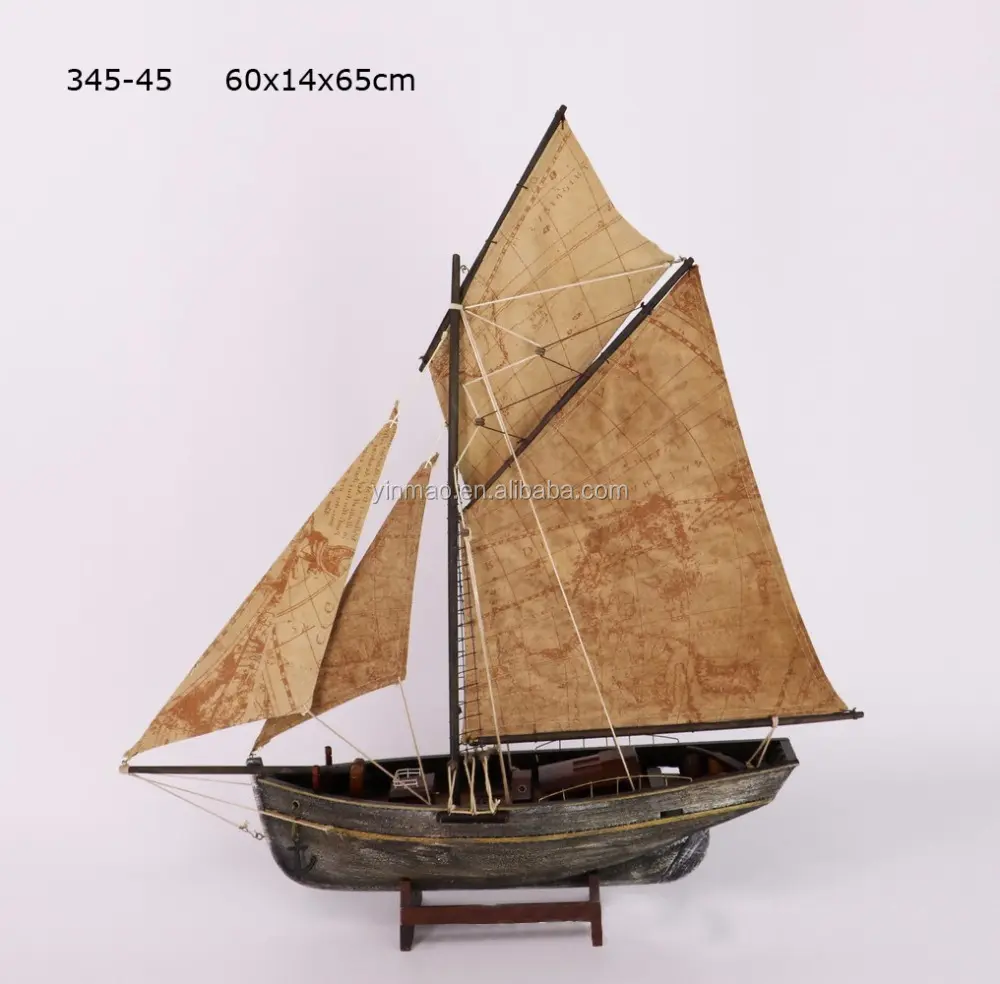 Wooden fishing boat with map sails, "60x14x65cm", 2 sets Antique old nautical ship model