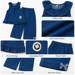 MZJ Set 2 Pezzi in Denim <span class=keywords><strong>per</strong></span> Ragazze, 100% Cotone, Top Senza Maniche con Colletto a Volant, <span class=keywords><strong>Pantaloni</strong></span> a Gamba Larga con Elastico in Vita, Orlo con Fiocco, Elegante - Product Image 3