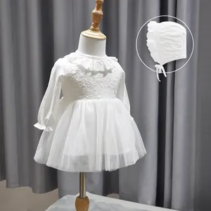 Wholesale Plain White Lace Baby Frocks, Long sleeved Baby Wedding, Birthday Party Dressing for baby girls
