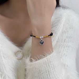 Ruitai S925 Sterling Silver Hand-Woven Black <b>Rope</b> Flower Charm <b>Bracelet</b> Unisex Everyday Wear Mixed Materials Weaving Design - Product Image 4