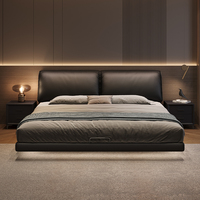 Meubles de chambre à coucher en bois de luxe moderne, lits rembourrés doux, lit double king-size rembourré, cuir noir suspendu avec éclairage design