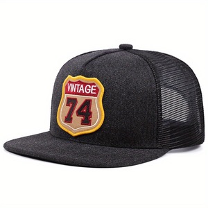 Cappello Snapback in Rete per Sport all'Aperto da Uomo, Patch Ricamata Personalizzata, Cappello da Camionista con Visiera Piatta, Vendita all'Ingrosso, 5 Pannelli in Denim - Product Image 1