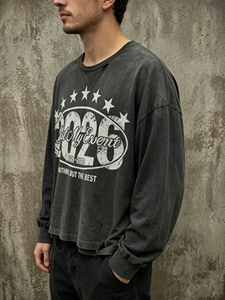 T-shirt noir en coton lourd 100% Hongguan, impression sérigraphique personnalisée, t-shirt à manches longues surdimensionné à double couche pour hommes - Product Image 2