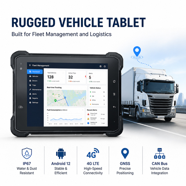 Fanless 7 Inch Rugged Industrial Android Tablet with J1939 GPIO RS232 CAN Bus OBD-II for Vehicle Management Trucks Logistics