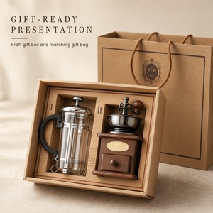เครื่องบดกาแฟไม้แบบโบราณพร้อมลิ้นชักและชุดเครื่องชงกาแฟเฟรนช์เพรสแบบมือหมุน แผ่นทองเหลืองสไตล์เรโทร ของขวัญสำหรับบาริสต้าที่บ้าน - Product Image 6