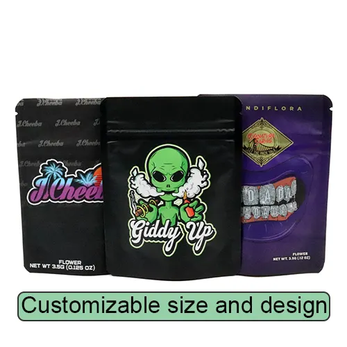 Oem Custom 3.5 Mylar Tas Eetbare Plastic Verpakking Hersluitbare Ritssluiting Doypack Kindveilige Rits Stand-Up Zakje Mylar Tassen