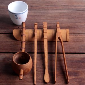 Cuillère à thé en bambou carbonisé, filtre à thé, pinces à thé, aiguille à thé, pique à thé – ensemble de cinq pièces ; ensemble de cérémonie du thé de quatre pièces ; six - Product Image 1