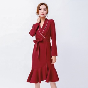 La última de las mujeres maduras 2019 Sexy lazo cruzado de manga larga Casual Maxi vestido con cinturón - Product Image 1