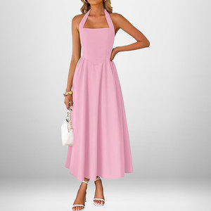 Robe longue élégante pour <span class=keywords><strong>femme</strong></span>, col halter <span class=keywords><strong>carré</strong></span>, dos noué, taille smockée, <span class=keywords><strong>coupe</strong></span> fluide trapèze, sans manches, unie, décontractée - Product Image 3