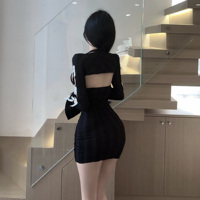Robe moulante mini sexy pour femme, à col halter, en dentelle, décolleté plongeant en V, avec nœud décoratif, manches longues, tenue de club, uniforme de boîte de nuit, vente en gros OEM/ODM