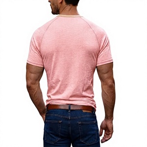 Men's Pink Regular Fit O-Neck Raglan Sleeve Short Sleeve Contrast Trim Casual Knitted Solid Color Eco-Friendly T-Shirt - Product Image 4