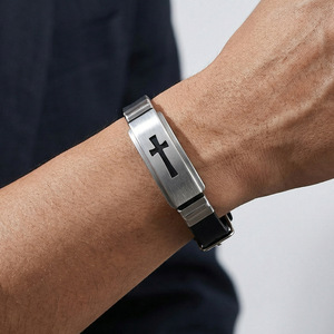 Men's Stainless Steel Cross <b>Bracelet</b> Black PU <b>Leather</b> Minimalist Jewelry Gift 22.5cm Long 1cm Wide - Product Image 1