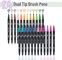 Stylos à double pointe, 24 pièces, couleurs assorties |   Marqueurs à pointe fine et à pointe pinceau pour adultes, marqueurs de coloriage pour adultes