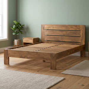 Modern Teak Wood <b>Bed</b> Frame with Horizontal Slatted Headboard <b>Platform</b> Layout - Product Image 2