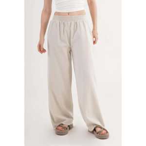 Pantalons palazzo tendance en gros pour femmes, pantalons à bordure en pierre avec taille élastique et détails de l'ourlet, poches, style formel - Product Image 3