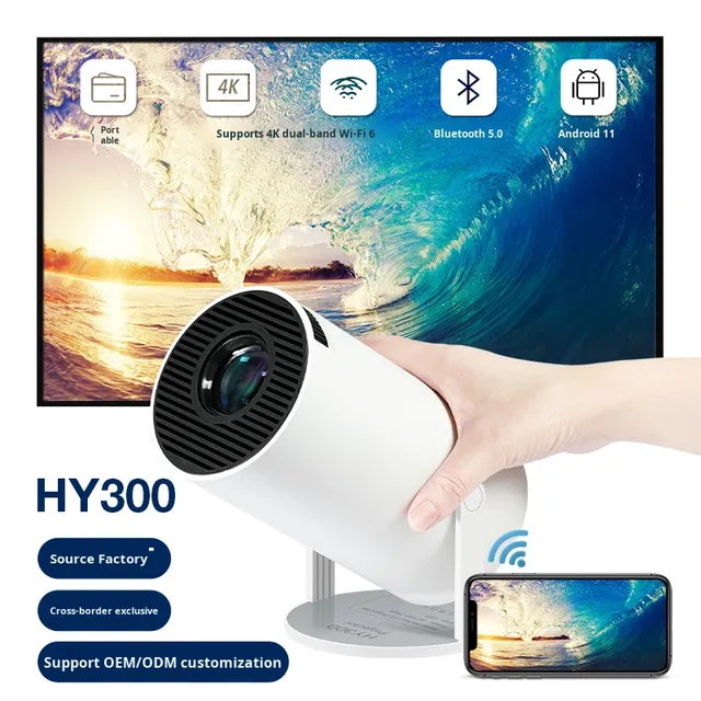 Source Factory Hot-Selling HY300 Portable Projector Home Cross-Border Smart Android 11 CRT 1080P 160 ANSI Lumens Low Noise