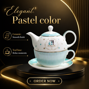 Elegante Juego de <span class=keywords><strong>Tetera</strong></span> <span class=keywords><strong>y</strong></span> Taza de Porcelana con Rayas Turquesa <span class=keywords><strong>y</strong></span> Borde Dorado, Juego de Té de Porcelana Fina para Regalo de Té de la Tarde - Product Image 2