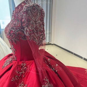Dw0204 Modest Red Evening Dresses Beading Sequin Satin Ball <b>Gown</b> Prom Dress Women Wedding Reception Party Dress Jancemebr - Product Image 5