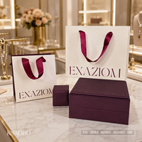 Boîte à bijoux en papier avec logo personnalisé de luxe, ensemble avec sac en papier, boîte cadeau en velours bordeaux pour bague, boucles d'oreilles, collier, pour boutique, vente en gros