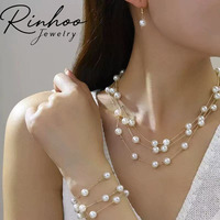 Ensemble de bijoux de mariée pour femmes, 3 pièces, collier, boucles d'oreilles et bracelet en perles de verre, blanc, multicouche, empilé, pour mariage et fête