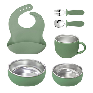 Safe Non Toxic 6 in 1 Metal Baby Feeding Bowl Set with Spoon Bib Soup Bowls Custom Logo Baby <b>Snack</b> <b>Container</b> - Product Image 6