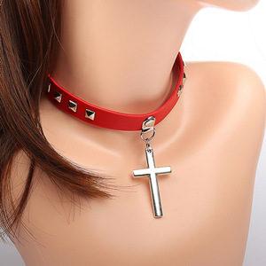 Wholesale Zinc Alloy <strong>Gothic</strong> Cross Adjustable Leather Necklace Spiked <strong>Choker</strong> for Girls - Product Image 6